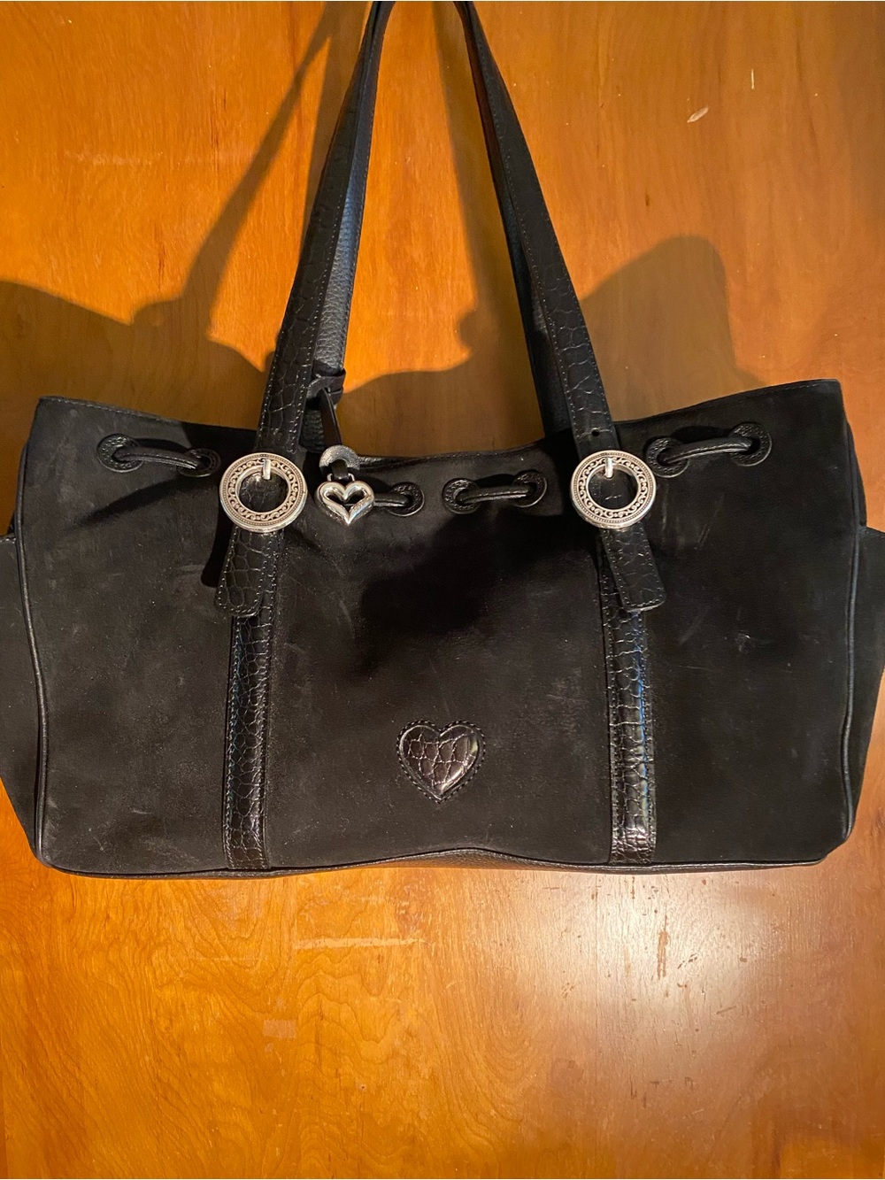 Authentic Brighton, black suede and crocodile embossed